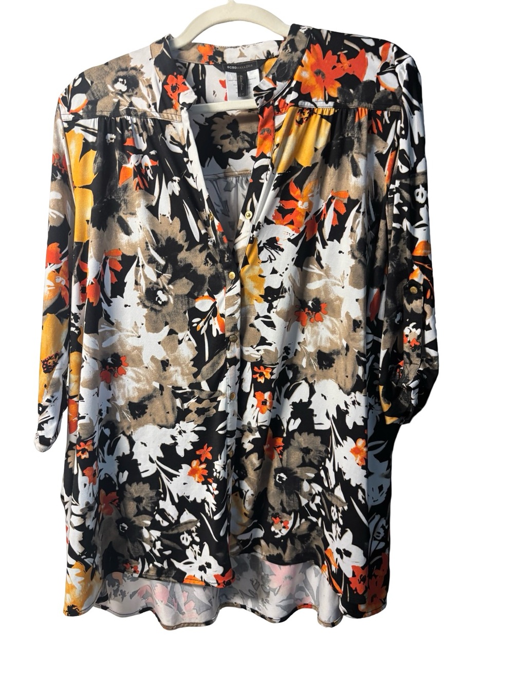 BCBGMaxAzria 1/4 Sleeves Fall Colors Bohemian Artsy Tunic Button Down Top XL